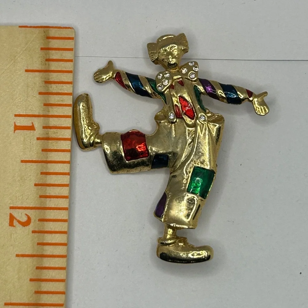Dancing Circus Clown‎ Brooch Gold tone Multi Enamel Rhinestone Figural Pin